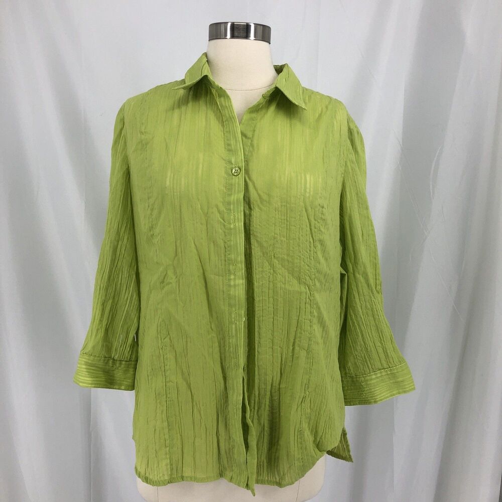 Coldwater Creek Women's L 14 Green polyester Cotton Roll Tab Button Up